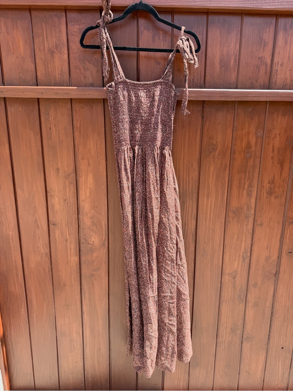 Doen Brown Tie-Shoulder Smocked Maxi Dress
